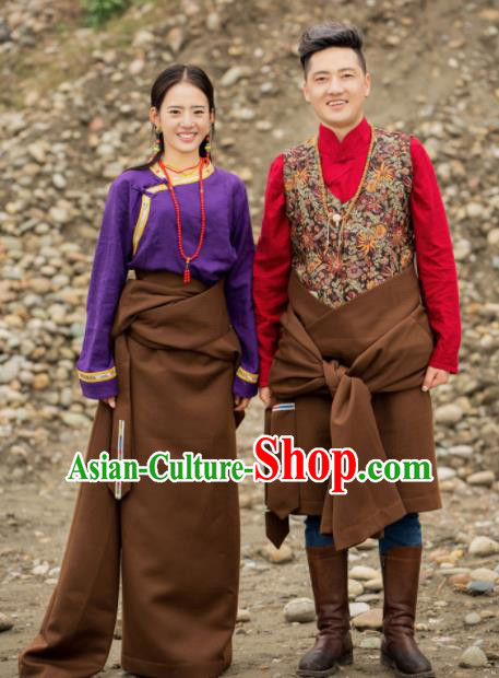 Chinese Traditional Tibetan Couple Brown Robes Zang Nationality Heishui Dance Ethnic Costumes for Women for Men