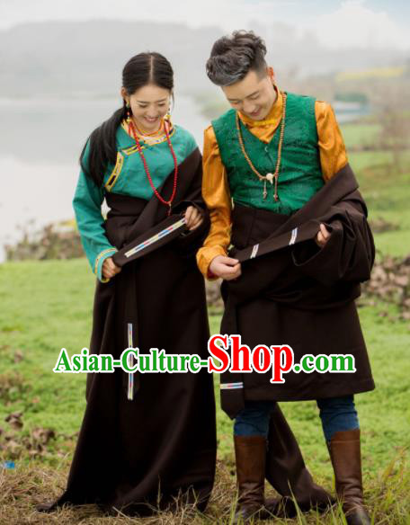 Chinese Traditional Tibetan Couple Deep Brown Robes Zang Nationality Heishui Dance Ethnic Costumes for Women for Men