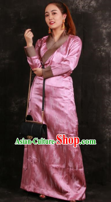 Chinese Traditional Ethnic Pink Brocade Tibetan Dress Zang Nationality Heishui Dance Costume for Women