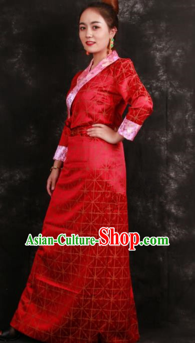 Chinese Traditional Ethnic Red Tibetan Dress Zang Nationality Heishui Dance Costume for Women