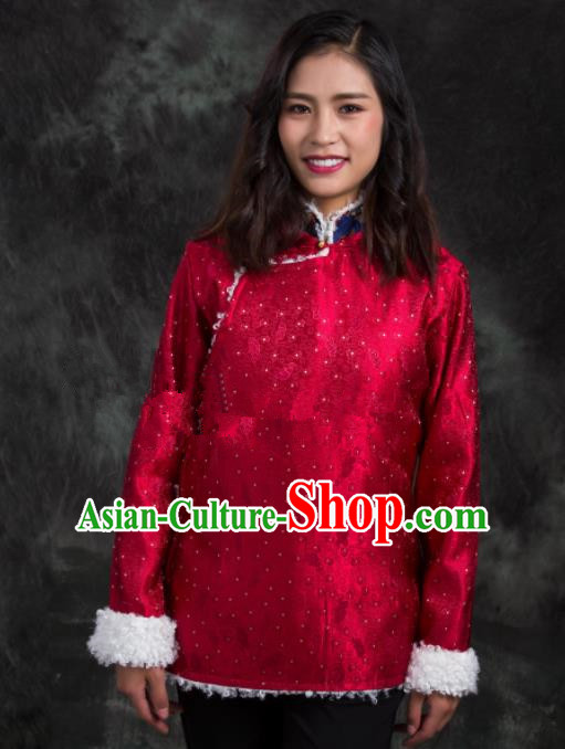 Chinese Traditional Ethnic Female Wine Red Tibetan Jacket Zang Nationality Heishui Dance Costume for Women