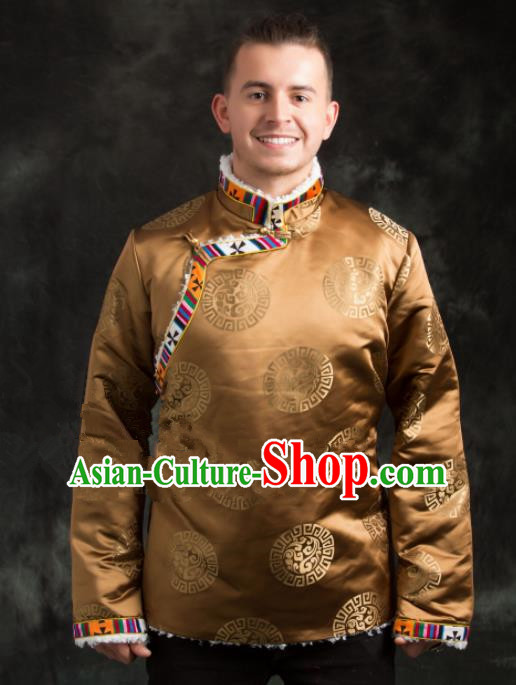 Chinese Traditional Tibetan Bronze Brocade Cotton Padded Jacket Zang Nationality Ethnic Costume for Men