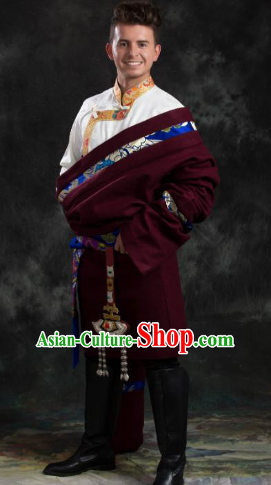 Chinese Traditional Wine Red Tibetan Robe Zang Nationality Ethnic Folk Dance Costume for Men