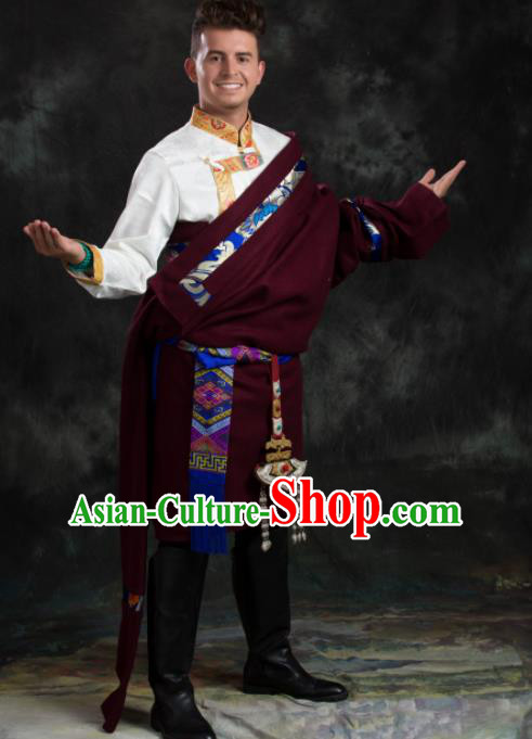 Chinese Traditional Wine Red Tibetan Robe Zang Nationality Ethnic Folk Dance Costume for Men