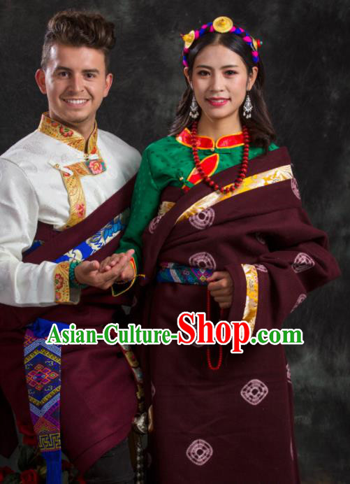 Chinese Traditional Couple Wine Red Tibetan Robe Zang Nationality Ethnic Folk Dance Costume for Women for Men