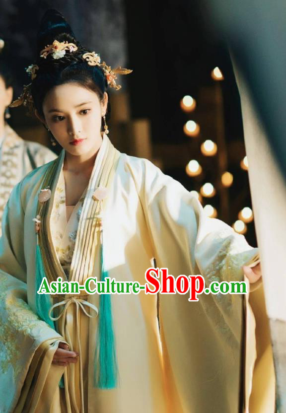 Chinese Ancient Drama Imperial Consort Embroidered Replica Costume Tang Dynasty Palace Lady Hanfu Dress and Headpiece for Women