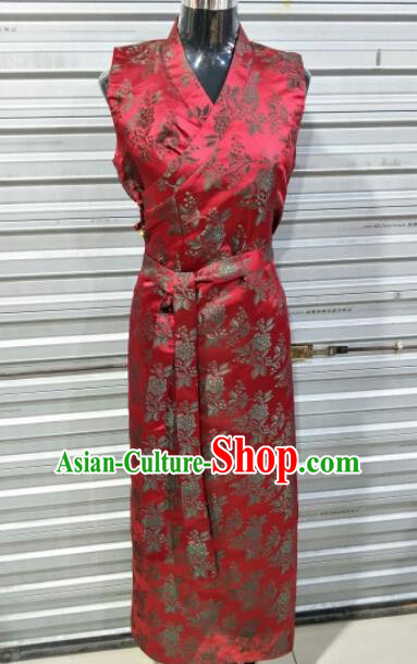 Traditional Chinese National Tibetan Ethnic Red Brocade Dress Zang Nationality Folk Dance Costume for Women