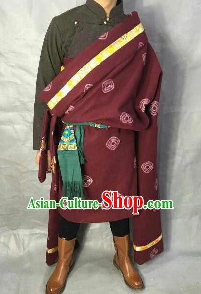 Traditional Chinese National Ethnic Wine Red Tibetan Robe Zang Nationality Folk Dance Costumes for Men