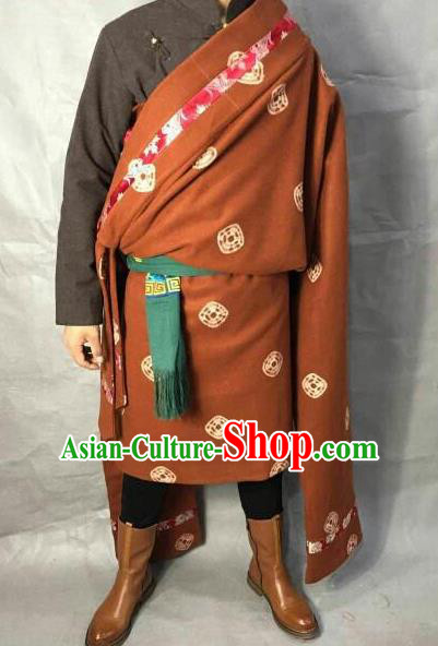 Traditional Chinese National Ethnic Orange Tibetan Robe Zang Nationality Folk Dance Costumes for Men