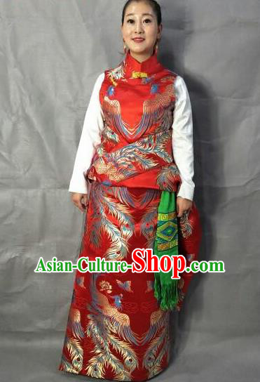 Traditional Chinese National Ethnic Bride Red Brocade Tibetan Robe Zang Nationality Folk Dance Costume for Women