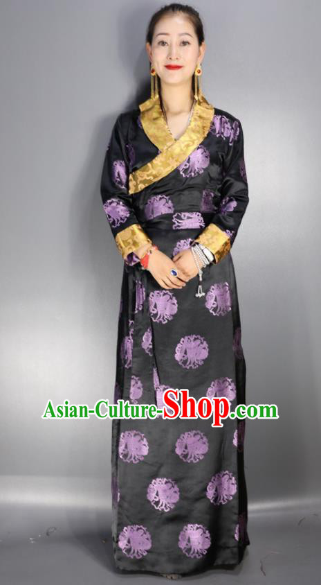 Traditional Chinese National Ethnic Brocade Tibetan Dress Zang Nationality Folk Dance Costume for Women
