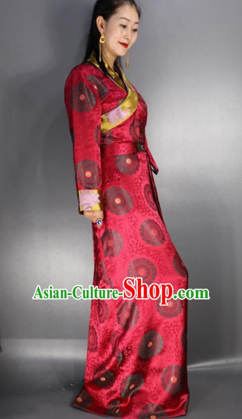 Traditional Chinese National Ethnic Red Brocade Tibetan Dress Zang Nationality Folk Dance Costume for Women
