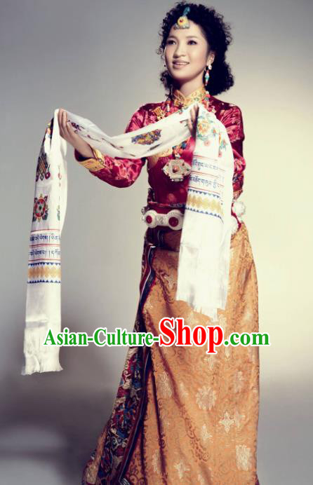 Traditional Chinese National Ethnic Wedding Tibetan Dress Zang Nationality Folk Dance Costume for Women