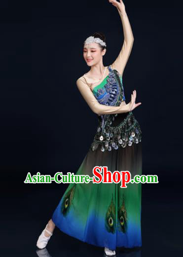 Traditional Chinese Ethnic Peacock Dance Green Dress Dai Nationality Stage Performance Costume for Women