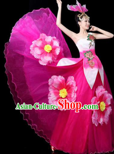 Traditional Chinese Spring Festival Gala Opening Dance Rosy Veil Dress Chorus Modern Dance Costume for Women