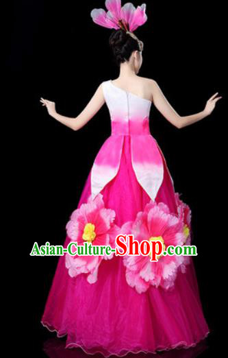 Traditional Chinese Spring Festival Gala Opening Dance Rosy Veil Dress Chorus Modern Dance Costume for Women