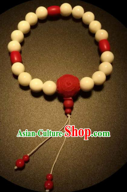 Chinese Traditional White Beads Bracelet Handmade Hanfu Cinnabar Rose Bangles for Women