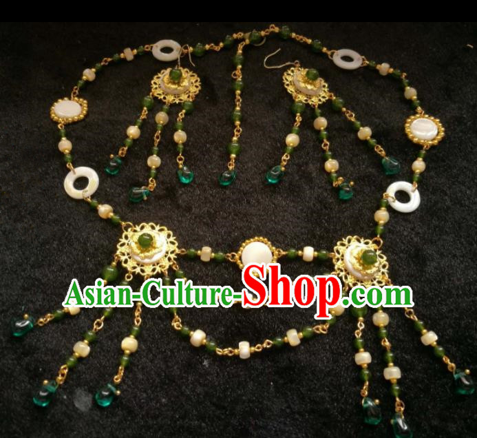 Chinese Traditional Green Beads Necklace Ancient Palace Handmade Hanfu Necklet for Women
