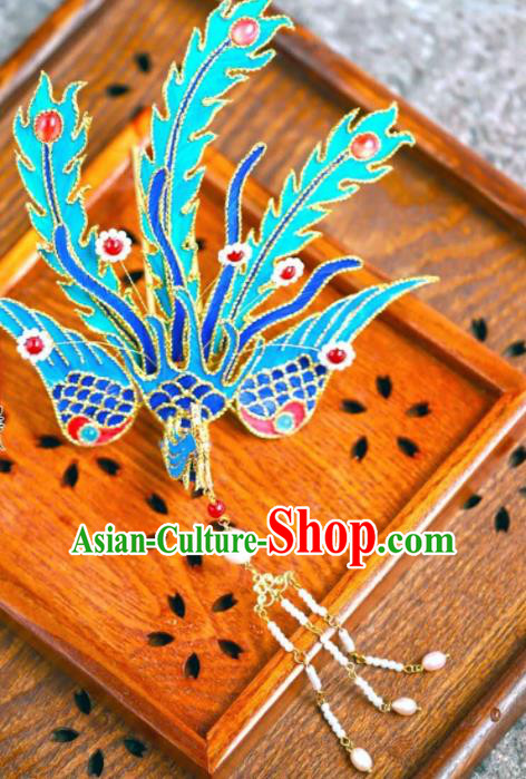 Chinese Traditional Hair Accessories Ancient Palace Handmade Hanfu Blue Phoenix Hairpins for Women