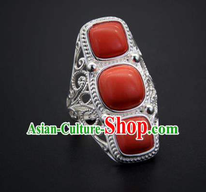 Chinese Traditional Mongolian Ethnic Rings Accessories Handmade Mongol Nationality Coral Stone Finger Ring for Women