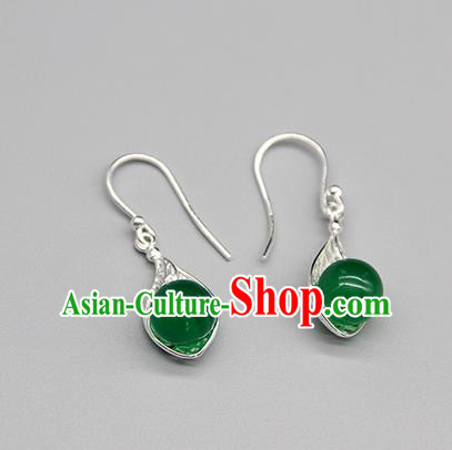 Chinese Traditional Mongolion Ethnic Green Agate Ear Accessories Mongol Nationality Handmade Earrings for Women