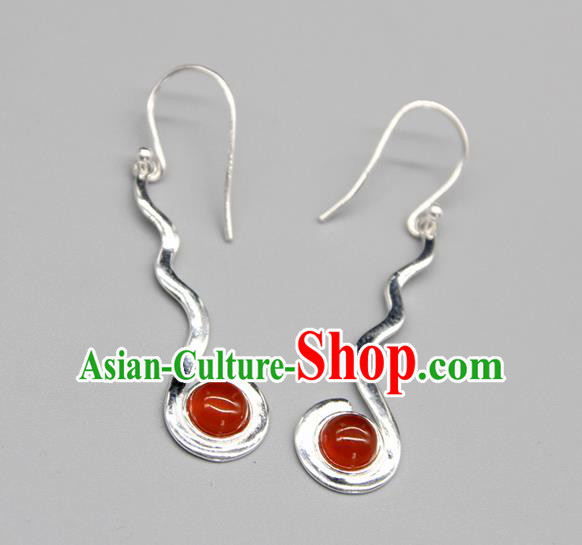 Chinese Traditional Mongolion Ethnic Agate Sliver Ear Accessories Mongol Nationality Handmade Earrings for Women