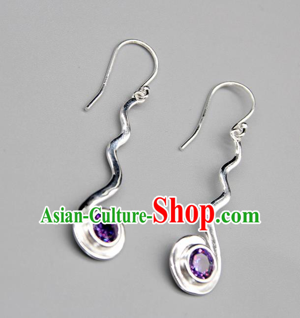Chinese Traditional Mongolion Ethnic Purple Crystal Sliver Ear Accessories Mongol Nationality Handmade Earrings for Women
