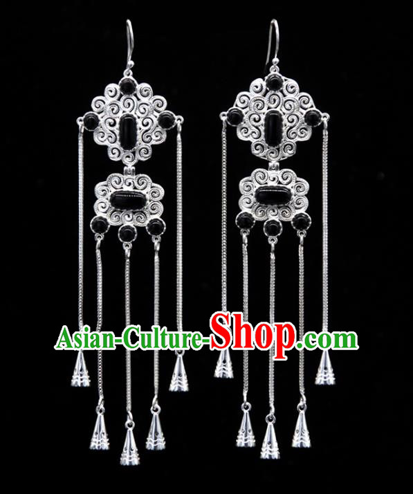 Chinese Traditional Ethnic Wedding Ear Accessories Mongol Nationality Handmade Black Stone Tassel Earrings for Women