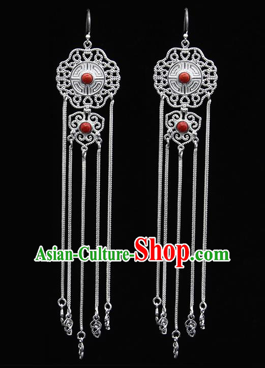 Chinese Traditional Mongolion Ethnic Red Stone Sliver Tassel Ear Accessories Mongol Nationality Earrings for Women