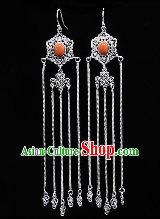Chinese Traditional Mongolion Ethnic Wedding Sliver Tassel Ear Accessories Mongol Nationality Coral Stone Earrings for Women