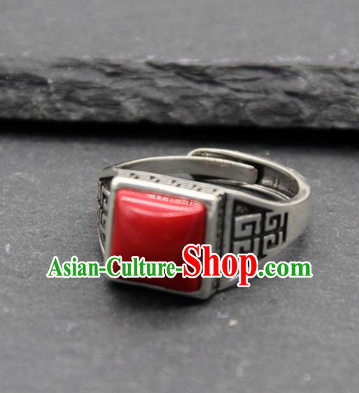 Chinese Traditional Tibetan Ethnic Red Stone Rings Handmade Zang Nationality Sliver Finger Ring for Men