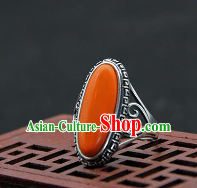 Chinese Traditional Ethnic Coral Stone Rings Handmade Tibetan Nationality Sliver Finger Ring for Women