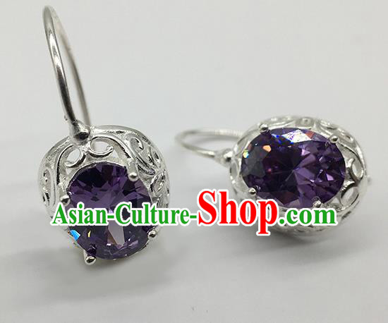 Chinese Traditional Mongolian Ethnic Accessories Mongol Nationality Purple Crystal Earrings for Women
