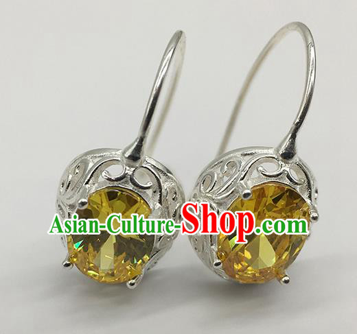 Chinese Traditional Mongolian Ethnic Accessories Mongol Nationality Yellow Crystal Earrings for Women