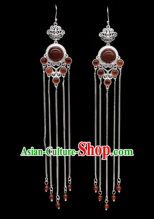 Chinese Traditional Mongolian Ethnic Sliver Accessories Mongol Nationality Garnet Earrings for Women