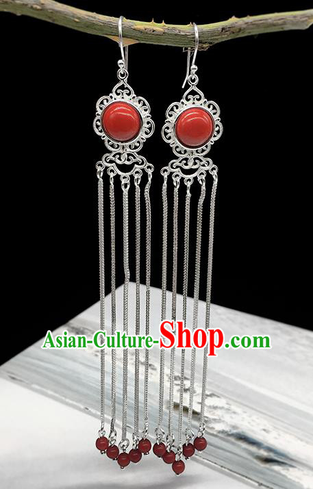 Traditional Chinese Mongolian Ethnic Red Earring Mongol Nationality Sliver Tassel Ear Accessories for Women