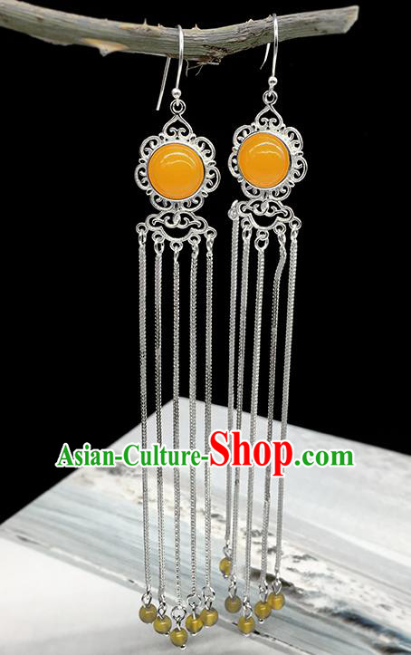 Traditional Chinese Mongolian Ethnic Ceregat Earring Mongol Nationality Sliver Tassel Ear Accessories for Women