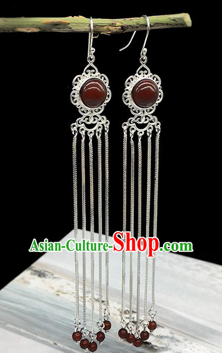 Traditional Chinese Mongolian Ethnic Red Agate Earring Mongol Nationality Sliver Tassel Ear Accessories for Women