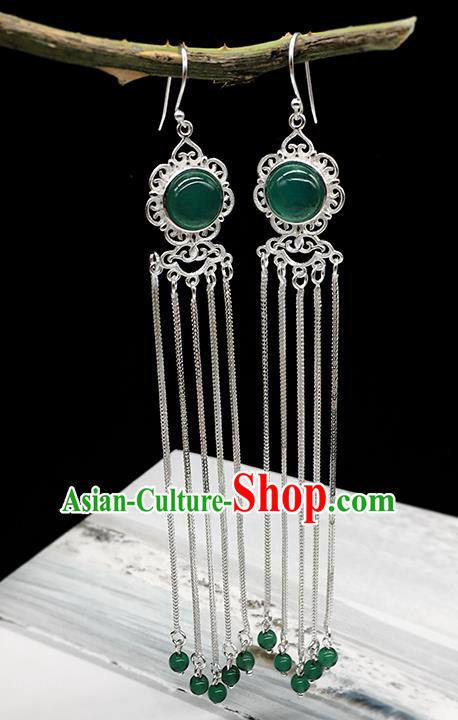 Traditional Chinese Mongolian Ethnic Green Agate Earring Mongol Nationality Sliver Tassel Ear Accessories for Women