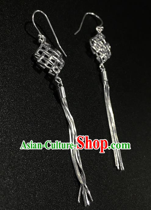 Traditional Chinese Mongolian Ethnic Sliver Tassel Earring Mongol Nationality Ear Accessories for Women