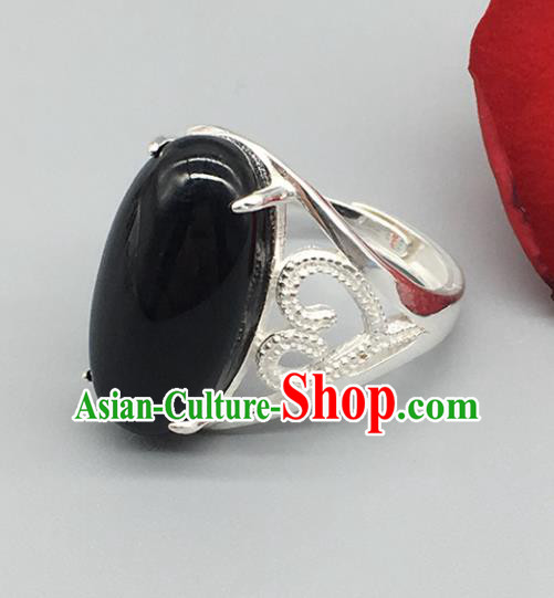 Chinese Traditional Ethnic Black Rings Handmade Zang Nationality Sliver Finger Ring for Women
