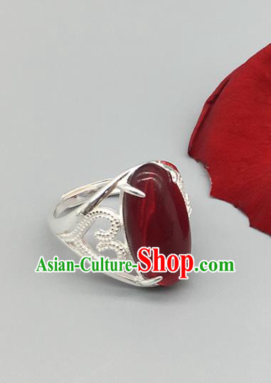 Chinese Traditional Ethnic Garnet Rings Handmade Zang Nationality Sliver Finger Ring for Women