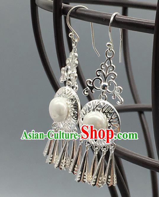 Traditional Chinese Mongolian Ethnic Sliver Pearls Earring Mongol Nationality Ear Accessories for Women