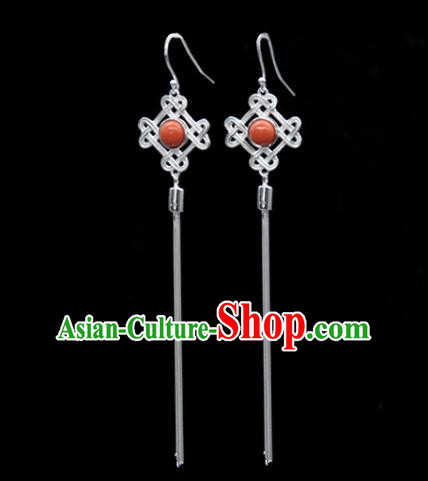Traditional Chinese Mongolian Ethnic Coral Stone Earring Mongol Nationality Sliver Ear Accessories for Women