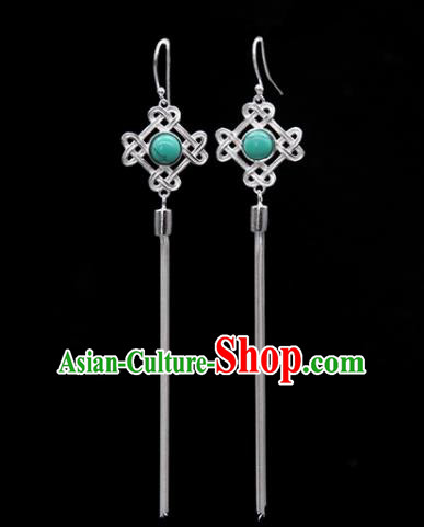 Traditional Chinese Mongolian Ethnic Green Stone Earring Mongol Nationality Sliver Ear Accessories for Women