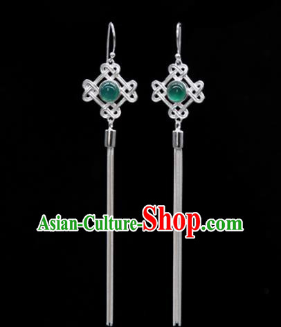 Traditional Chinese Mongolian Ethnic Green Agate Earring Mongol Nationality Sliver Ear Accessories for Women