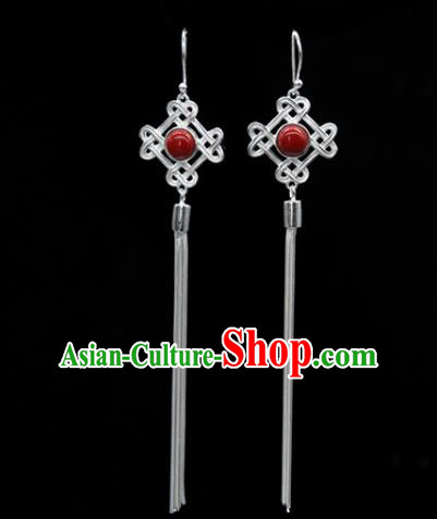 Traditional Chinese Mongolian Ethnic Red Stone Earring Mongol Nationality Sliver Ear Accessories for Women