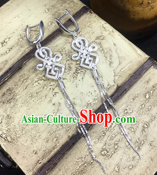 Traditional Chinese Mongolian Ethnic Lucky Earring Mongol Nationality Sliver Ear Accessories for Women