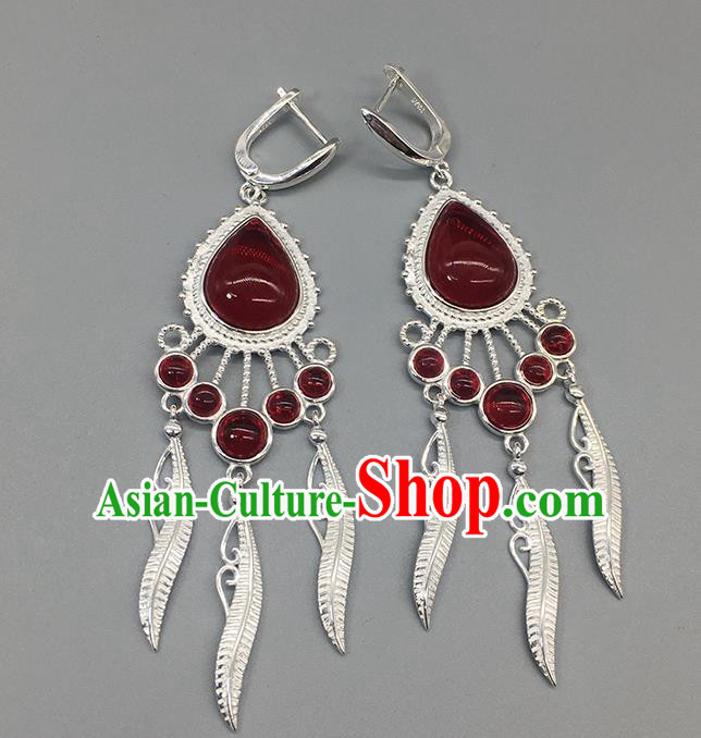 Traditional Chinese Mongolian Garnet Earring Mongol Nationality Ethnic Sliver Ear Accessories for Women