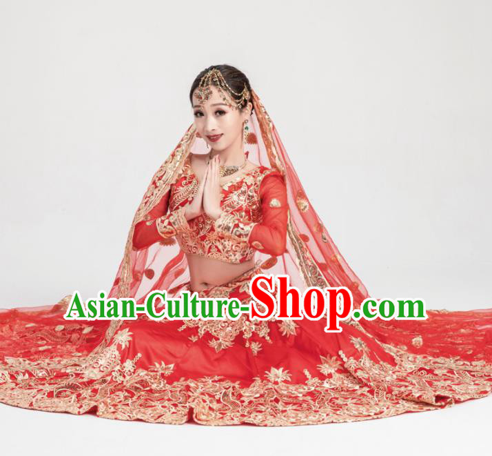 Asian India Traditional Costumes South Asia Indian Bollywood Belly Dance Red Veil Dress for Women
